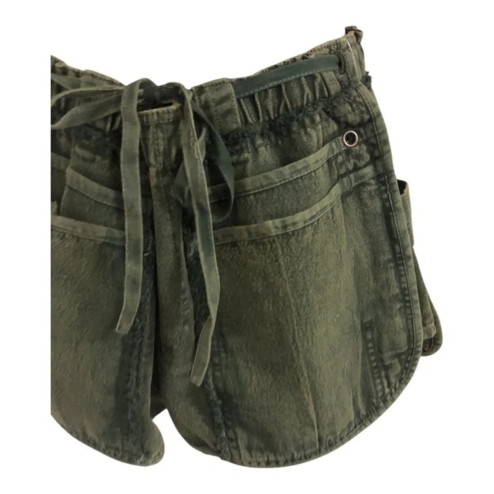 Free People green washed denim fringe paperbag waist‎ cotton shorts size XS new